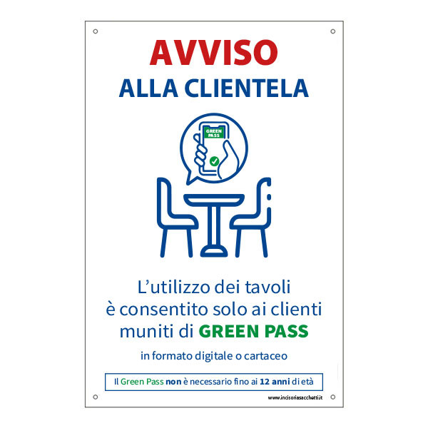 Cartello "Utilizzo dei tavoli con Green Pass"