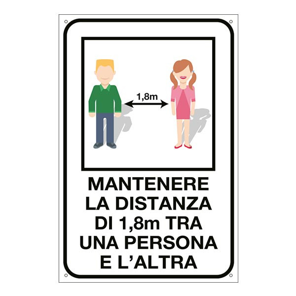 Cartello "Mantenere la distanza di 1,8 metri tra una persona e l'altra"